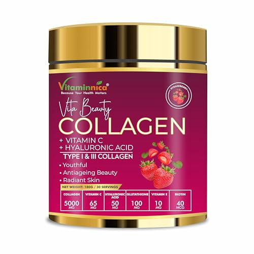 Vitaminnica Vita Beauty Collagen Powder | Type I & III Collagen with Hyaluronic Acid, Biotin, Zinc, & Vitamin C | Supports Skin, Hair, Nails & Joints | 30 Servings (Strawberry)