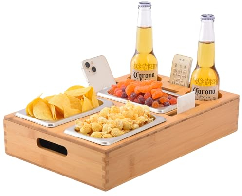 Couchbar Snackbox, Snackspender mit 3X Snackschale, Bambus Sofatablett für Sofa, Deko, Couch Bar mit Getränkehalter, Abnehmbarer Deckel, Snackbox mit Fächern, Couch Organizer Tablett, Sofa Butler