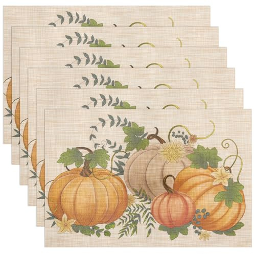 Banchif Herbst Platzsets 6er Set Erntedankfest Tischsets Abwaschbar Kürbisse Platzdeckchen Herbst Bankett Tischsets Abwaschbar rutschfest PVC Platzsets (45 x 30 cm)
