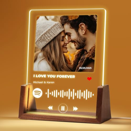 NIBESSER Spotify LED Acrylglas mit Foto Bilderrahmen Personalisiertes beleuchteter LED-Rahmen mit Holzständer, Song cover Acryl Glasbild mit Foto Geschenke zum Jahrestag, Geburtstag, Valentinstag