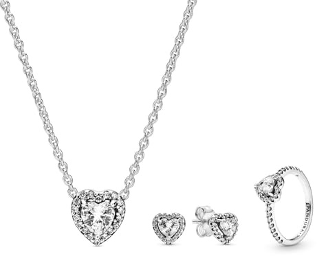 PANDORA Damen Schmuck-Set Kette, Ohrringe und Ring Herz 68333 | zauberhaftes Schmuckstück für Frauen, elegante Geschenkidee