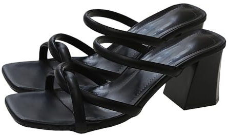 Damen-Sommer-Mopp, massiver dicker Absatz, offener Zehenbereich, quadratischer Kopf, kühl, Massage-Slides, Schwarz , 36.5 EU