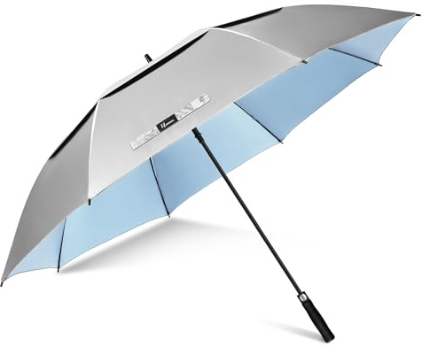 NINEMAX Regenschirm mit UV Schutz XXL, UV Großer Golfschirm Sturmfest, Große Golf Sonnenschirm für Herren Damen 2 Personen (Silber/Hellblau)