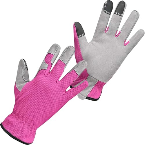 APQ Supply Pink Grain Deerskin Gardening Gloves, Medium Size. Pack of 6 (3 Pairs) Resistant Working Gloves. Comfortable Fit, Non-Slip Garden Glove with Elastic Wrist for Yard Work, Gardening, Driving