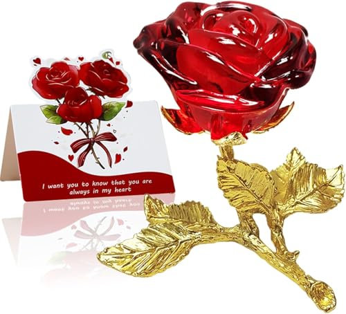 SWEETIME Rose Cristal Rouge Figurine,K9 Glass Rose,Artificielle Statue Cadeau pour Elle,3D Eternelle Fleurs en Verre Faites à la Main pour Fête des mères Saint-Valentin Noël Action Anniversaire Femme