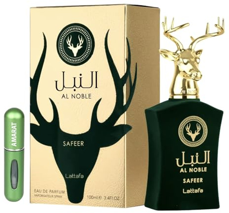 Al Noble Safeer Original Eau De Parfum, 100 ml, arabisches Parfüm, Unisex, langanhaltend, inkl. Zerstäuber, 5 ml, Duft mit würzigen, blumigen und holzigen Noten (Safeer)
