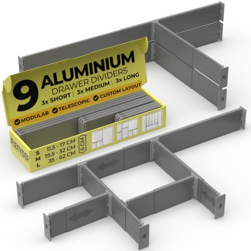 PRACTICAL COMFORT Verstellbare Aluminium-Schubladentrenner, ausziehbare Schubladenteiler, 6 cm hoch, 9-teiliges Set (3 lang + 3 mittel + 3 kurz), für Küche, Bad & Büro, Grau