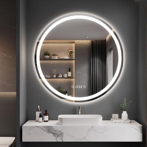Dripex Badspiegel mit Beleuchtung Rund Led Spiegel mit Uhr und Touch-Schalter, Dimmbar, Beschlagfrei, 3 Lichtfarbe Einstellbare Runder Badezimmerspiegel mit Beleuchtung 70x70 cm