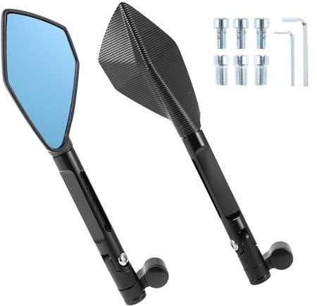 RATCHROLL Adjustable M8 M10 Motorcycle Side Rear View Mirror Black Blue | Polygonal Shape, Handlebar Mirror, Aluminum Alloy, Bar End Side Mirrors, Blue Glass