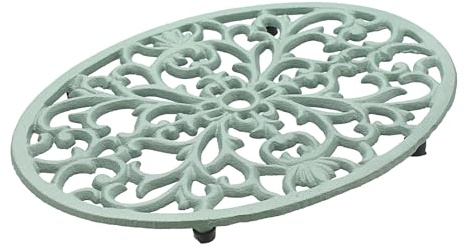 SUMTree Oval Cast Iron Trivet Hot Pot Holder Mat, 24.5*18.5*1.8cm, Green | Decorative Heavy Duty Hot Pot Holder Mat, Vintage Pattern Cast Iron Trivet with Rubber Pegs for Kitchen Dining Table Worktops