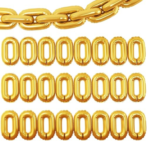 Gold Foil Chain Balloons, 24PCS Giant Chain Balloons Garland for 80s 90s Hip Hop Party Decorations, Jumbo Chain Link Balloons for Retro Theme Birthdays Graduations Weddings Arch Supplies (16inch) | Birthday Wedding Party Decor, 80s 90s Disco Dance Music Theme, Old School Rap Photo Booth Stage Backdrop Supplies