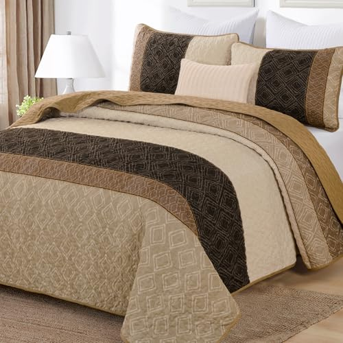 Boho Queen Quilt Set,Striped Plaid Bedspread Coverlet Set,Light Brown Bedding Set Soft Microfiber Bedding Set with 2 Pillow Shams 96x90