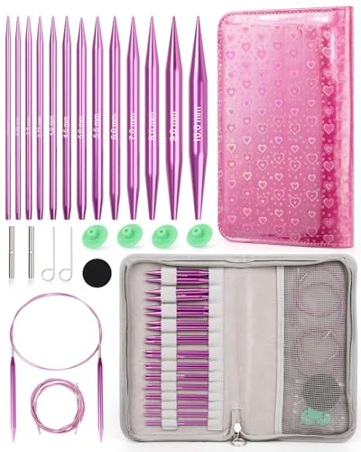 Aeelike Utbytbara runda sticknålar set metall, 13 par 3 mm – 10 mm sticknålar, rundstickningsset utbytbart med fodral och tillbehör för stickentusiaster, lila hjärta