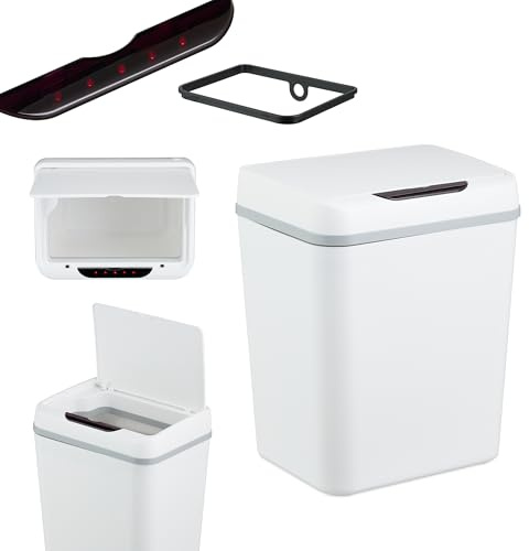 Relaxdays Mülleimer Bad, mit Sensor, 9 Liter, elektrischer Deckel, Müllbeutelhalter, Badezimmereimer, Kunststoff, weiß | Müllbeutelhalter, Badezimmereimer, Kunststoff