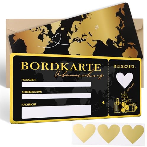 BETESSIN Reisegutschein Geschenk Verpackung Schwarz Gold - Flugticket Karte mit Rubbelaufkleber & Umschlag - Bordkarten zum Beschriften - Kreativ Reise Geschenk für Überraschungsreise