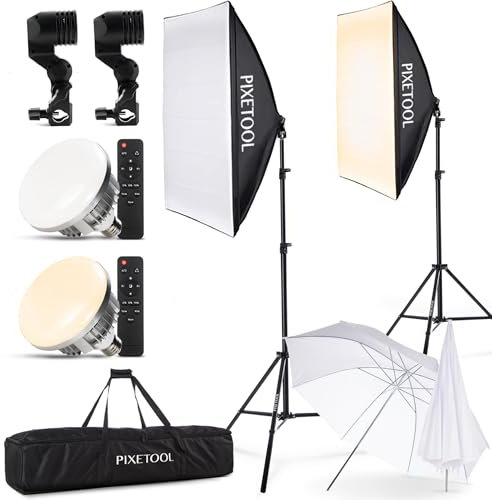 PIXETOOL Softbox Kit Studio Photo et Éclairage - 2 Softbox 70x50 cm, 2 LED Lampe Photo 4800 Lumens 3000-6000K - Eclaraige Light - Lumiere Video Streaming Gaming