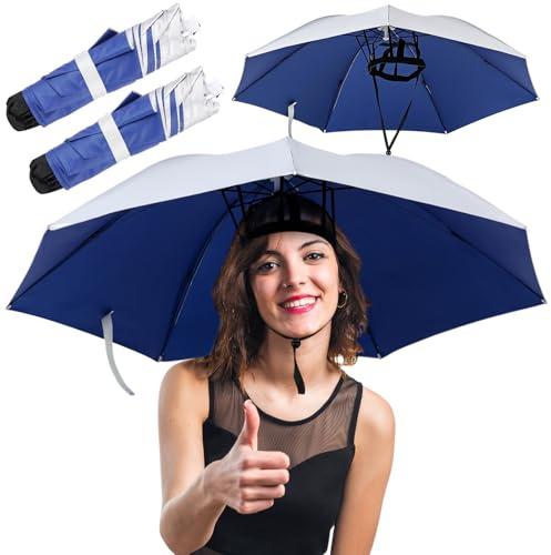 Chicingyou 2 Pcs Head Umbrella Hat for Adults, 35.4'' Oversize Hands Free Umbrellas Provides UPF 50+ UV Protection, Silicone Headband and Chin Strap for Fishing, Camping, Gardening Shade and More