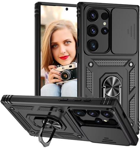 POUHYE Mobilskal för Samsung Galaxy S24 Ultra 5G Fodral, [Skydd för skjutkameran] Stötsäkert utomhusfodral i militärklass case med 360° magnetisk ringhållare, robust och tåligt telefonskydd Svart