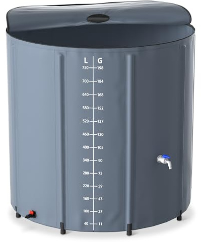 YRHome 750 liter vikbar regntunna regnvattentank UV-stabil och väderbeständig med överflödesskydd och sidoskala, kompakt för trädgård, balkong, camping antracit