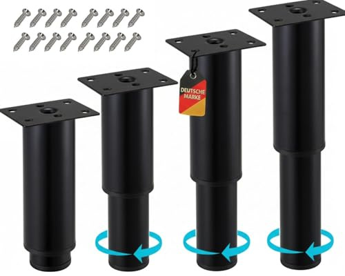 Stahlia Möbelfüße verstellbar Tischbeine Metall Schwarz 150-270mm (4er Set) Ø38mm Füße für Möbel Möbelerhöhung Schrankfüsse Sofa Füße Möbelbeine Bettfüße