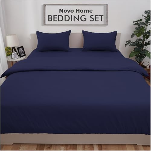Novo Home Bedding Set Double with Fitted Sheet, Duvet Cover & 2 Pillowcases – Navy Blue Microfibre 4 Piece Bed Set | Soft, Durable & Easy Care Double Bedding for All Season Comfort in Modern Bedroom