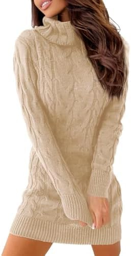 Ebifin Strickkleid Damen Rollkragen Strickpullover Elegant Dress Aprikose M
