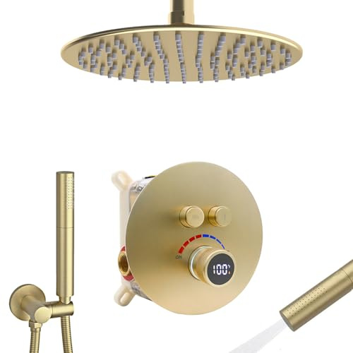 Delnet Digital Display Valve Shower Mixer Set with 4 Holes 10 Round Ceiling Mounted Rain Shower Head, Can Use 2 Functions at A Time, Brushed Gold