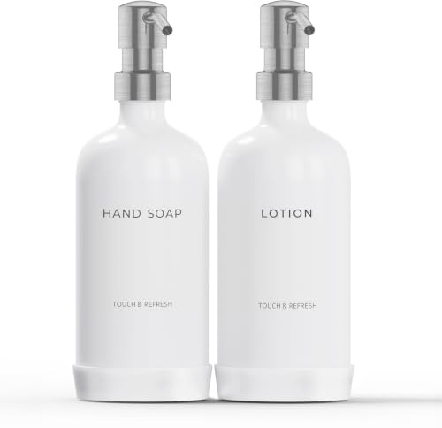 Soap Dispenser Bathroom - Hand Soap and Lotion Dispenser Set with Non-Slip Protective Silicone Pad, Modern Bathroom Decor & Accessories. (Silver)