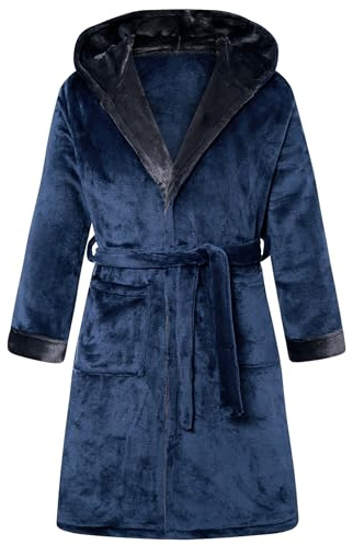 ALISISTER Bata de Hombre con Capucha en Franela Polar con Bolsillos - Albornoz Acolchado para Sauna y Baño, Azul Marino, Talla XXL
