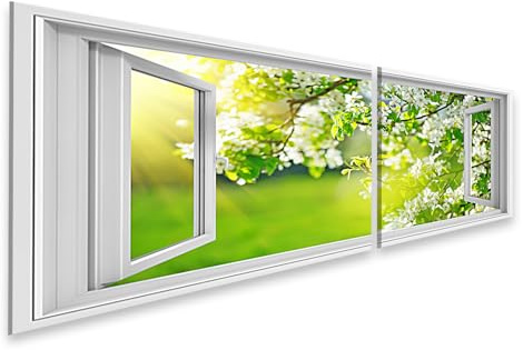 islandburner Bild auf Leinwand Offenes Fenster Blick auf blühende Bäume im Frühling Sonnenlicht Bilder Wandbilder Poster