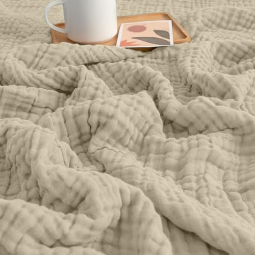 Couverture Gaze de Coton, 150 x 200 cm Plaid Coton Canapé, Couvertures 100 % Coton, Usage 4 Saisons, couvertures en Mousseline pour Adulte, Couverture Été pour Lit, Canapé, Jeté de Lit (Beige Clair)