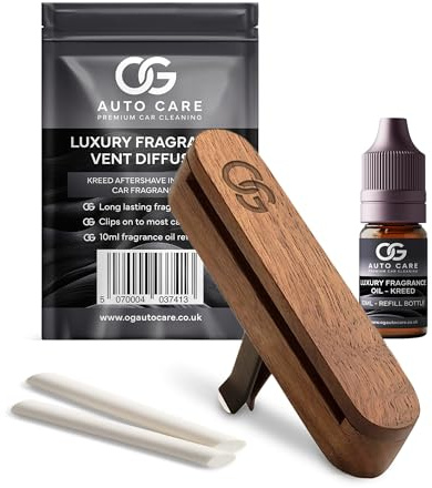 Luxury Wooden Car Air Freshener Vent Clip | Kreed Aftershave-Inspired Car Fragrance Diffuser with 10ml Oil & 2 Refill Sticks | Long-Lasting Car Scent for Men – Up to 3 Months Freshness