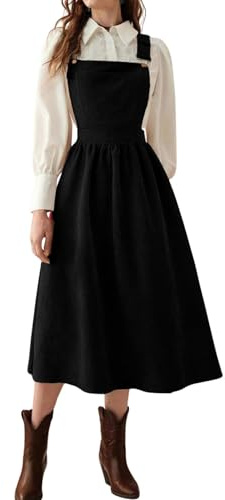 chouyatou Women's Fall Corduroy Overall Dress Adjustable Strap A Line Flare Pinafore Midi Jumper Dress (Small,Black)