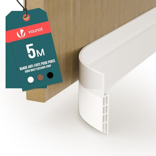 VOUNOT® Bas de Porte Isolant 500cm Découpable Boudin de Porte Coupe-Froid Anti Courant d’air Isolation Phonique Anti Bruit Joint Universel pour Entrée et Maison Blanc