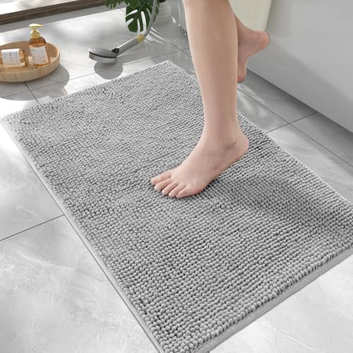 HITSLAM Chenille Badezimmerteppich Super Saugfähige, Hellgrau, 90x60cm | Ultraweiche Badematte Rutschfest, Maschinenwaschbar Badematten & Badteppiche, Badezimmermatte für Dusche und Badewanne