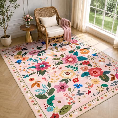 DEFYNEE Rugs Living Room 120x180cm Pink, Machine Washable Floral Rug