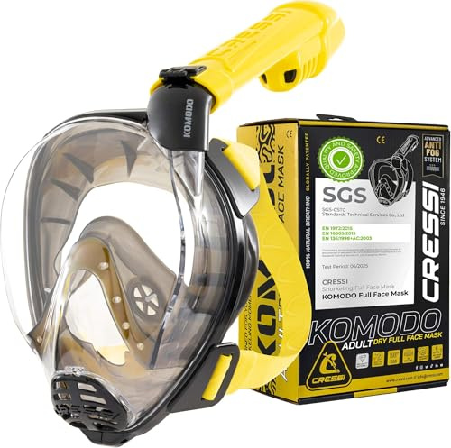 Cressi Komodo Full Face Dry Snorkelling Mask - 180° Panoramic View Snorkelling Mask - Dry Side Snorkel & Adult Snorkel Set - CO2 Safe Silicone Skirt & Scuba Equipment - Black/Yellow - S/M