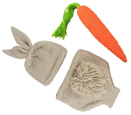IMIKEYA Set per la fotografia di bambini 3 pezzi di lana tessuta Costume da coniglietto per neonato include cappello pantaloni e carota accessori per foto di neonati