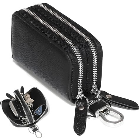 Vyqrx Schlüsseltasche aus Echtem Leder, Große Kapazität, Doppelschicht mit Reißverschluss, Münzhalter mit Metallhaken, Auto Schlüsselanhänger Etui