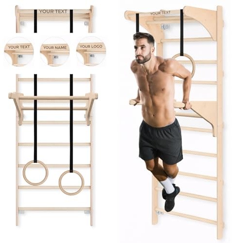 MAMOI Scala da ginnastica da parete per adulti con barre per dip, anelli da ginnastica e impugnatura per allenamento, stazione di allenamento avanzata per l'allenamento a casa, design personalizzato
