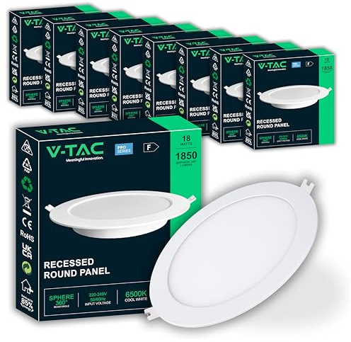V-TAC 10x Faretti LED da Incasso Rotondi 18W - SUPER LUMINOSI - Diametro 220 mm - 1850 Lumen - IP20 - per Soffitto, Casa, Cartongesso - Mini Pannello - Lampada - Foro 200-205 mm - Luce Fredda 6500K