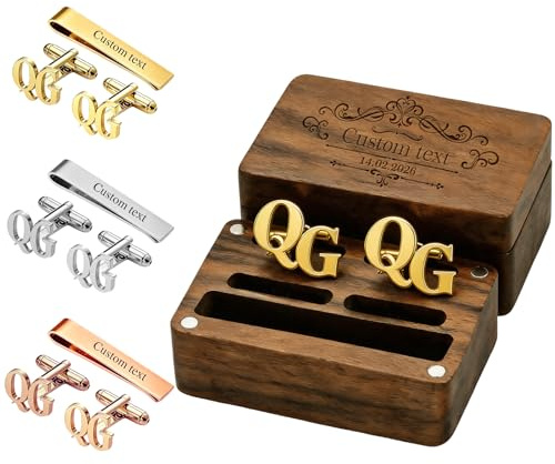 Iwe Personalised Cufflinks for Men - Custom Monogram Wedding Cufflinks Gift Set with Tie Clip Wooden Box, Engraved Gift for Groom, Husband, Father Business Wear