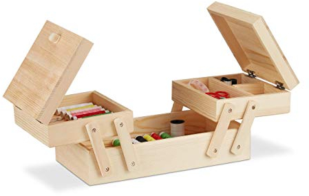 Relaxdays Nähkästchen Holz, 5 Fächer, ausklappbar, ohne Inhalt, Griffe, natürliche Optik, HBT: 12 x 26 x 15,5 cm, Natur