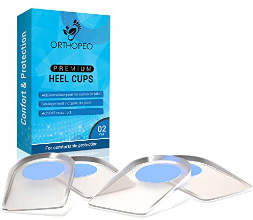ORTHOPEO Premium Fersensporn Einlagen I Fersenpolster I Fersenkissen für Schuhe I Gel Silikon Einlagen Fersensporn Herren I 2 Paar Geleinlagen für die Ferse I Orthopädische Gelkissen I L10.8 cm B 7 cm