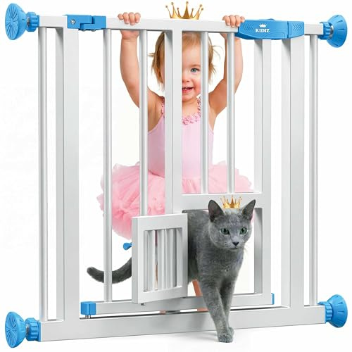 KIDIZ Absperrgitter zum Klemmen mit Katzenklappe, Türschutzgitter, Autoclose Kinder Treppengitter ohne Bohren | 90° Stopp Schutz, schwenkbar, Treppenschutzgitter, Weiß/Blau, Breite: 74-80 cm