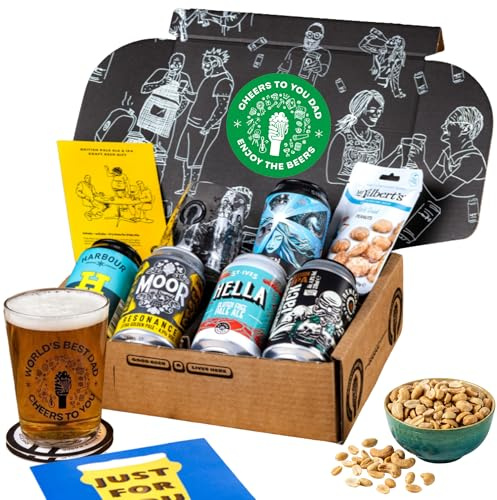 Premium Craft Pale Ale/IPA Father's Day Beer Gift Set for Men - 5 Independent British Craft Beers For Dad, a Snack and a QWERTY Dad Gift Tasting Glass