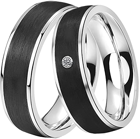DOOSTI Damen Herren Ring Set Edelstahl Silber mit Einlage Carbon Schwarz als Partnerring Ehering Freundschaftsring Herrenring Damenring inkl. Gravur mit Namen (Ring mit Zirkonia, 50)