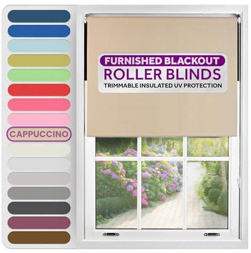 FURNISHED Roller Blinds Thermal Blackout Roller Blind - Trimmable Insulated UV Protection Child Safe Easy Fit Home Office Window Blinds, Cappuccino, 115 cm Wide x 165 cm Long