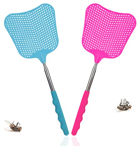TAKUZA Fliegenklatsche 2 Stück, Fliegenklatsche Ausziehbar,mit Integriertem Mückenschaber, für Verwendet, um Fliegen, Wespen, Mücken Und Andere Insekten Abzuwehren (Blau, Rosa)