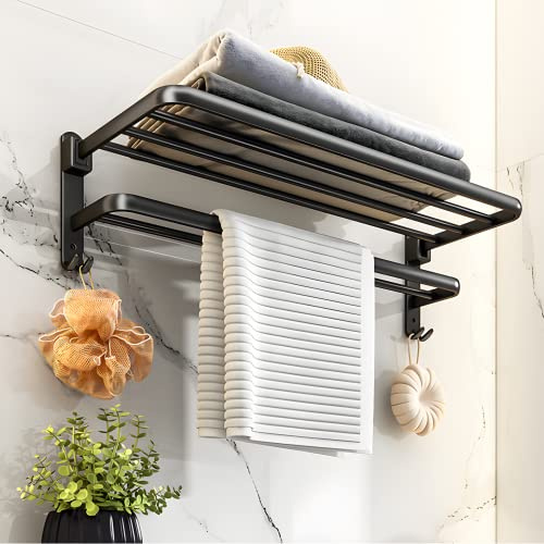 yozhch Black Towel Rail Self Adhesive, Wall Mounted Towel Rack Foldable, Bath Towel Rail with Shelf, 2 Tier Towel Holder for Bathroom (Matte, 58cm)